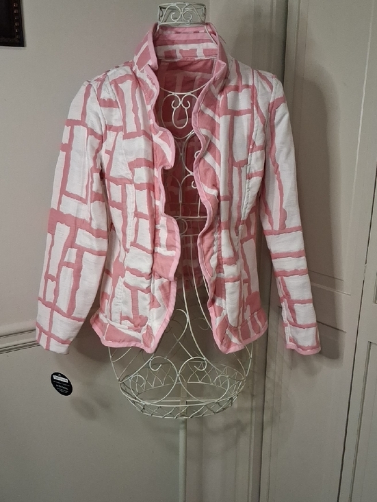 Trimdin Jackets & Blazers - Pink & White Patterned Ruffle Blazer